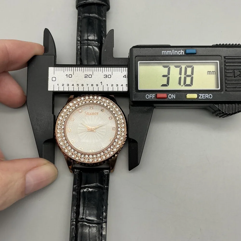 Stauer Womens Watch 38mm Silver Gold Tone Crystals Black Leather Strap